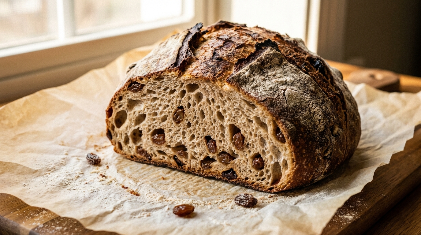 Pan integral de masa madre con pasas cortado mostrando la distribucion de las pasas en la miga