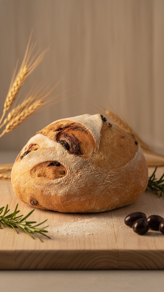 Pan artesanal con pasas y pipas de calabaza sobre tabla con espigas de trigo