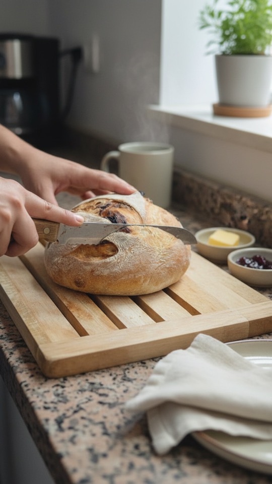 Cortando pan de masa madre con pasas y pipas sobre tabla de madera con mantequilla y mermelada