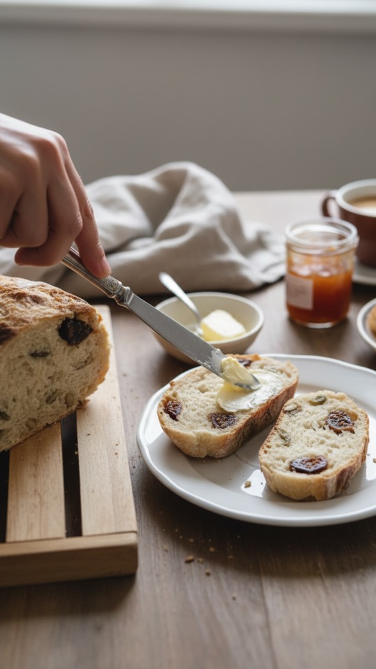 Desayuno con pan de pasas y pipas, mantequilla y mermelada