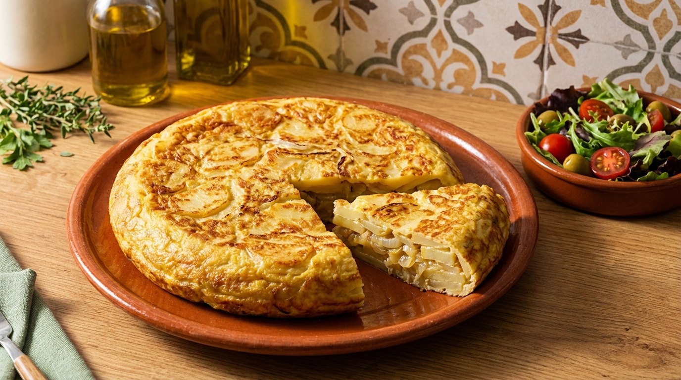 Tortilla española de patatas recien hecha, dorada y jugosa, con patatas confitadas