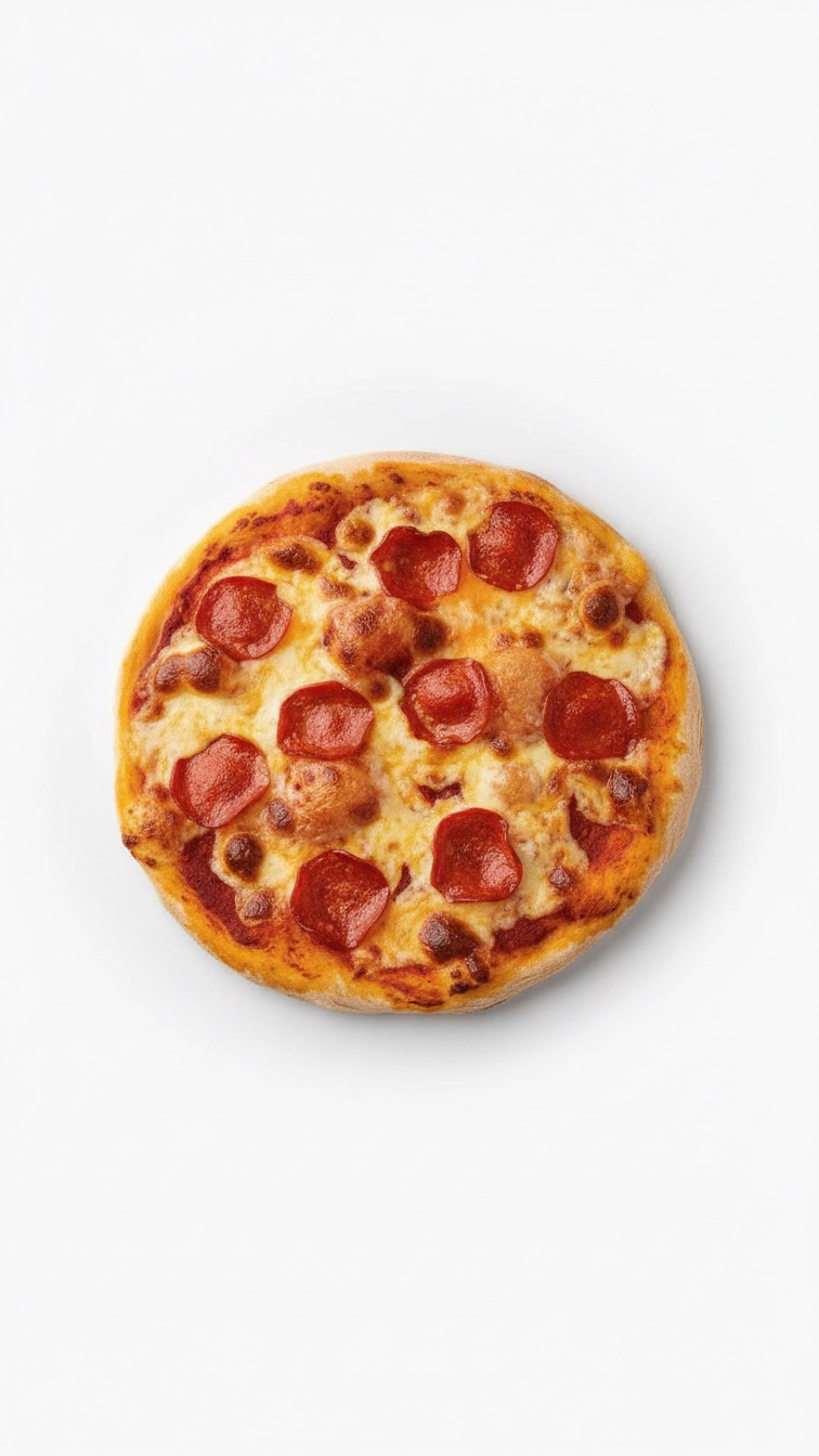 Pizza entera casera de pepperoni sobre fondo blanco, 270g congelada