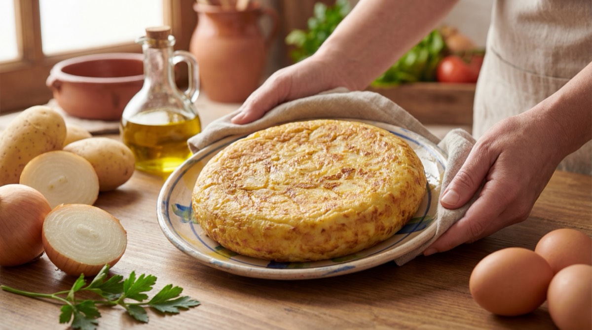 Tortilla española de papas con cebolla caramelizada